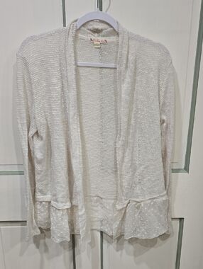 It's Our Time Cream Open-Front Knit Cardigan with Dotted Chiffon Hem